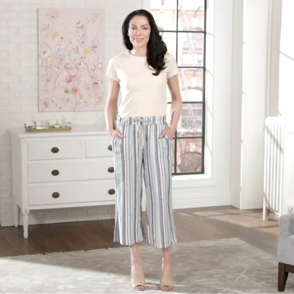 NEW Denim & Co Pants Linen Blue Gray Stripes Cropped 1XP